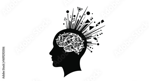 Silhouette of a head with a geometric brain and explosive abstract shapes representing creativity and ideas.