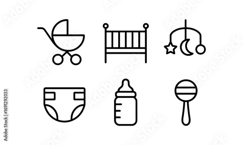 Minimalist baby essentials: stroller, crib, mobile, diaper, bottle, rattle