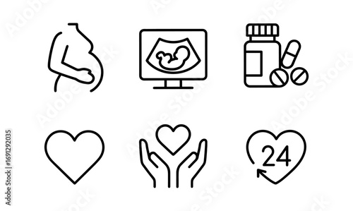 Health and pregnancy essentials: line art icons of maternity, ultrasound, and wellness