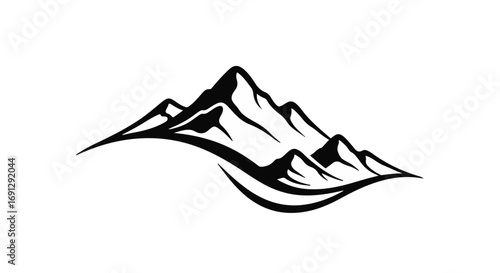 Majestic mountain peaks rendered in a bold, graphic silhouette with flowing lines.