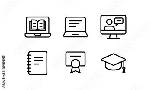 Education icons set: online learning, certification, and graduation symbols