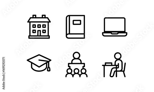 Education icons set: school, book, laptop, graduation cap, teacher, student