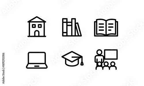 Minimalist education icons set: school, books, graduation, teaching