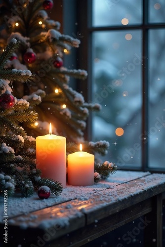Cozy winter scene with flickering candlelight illuminating snow-covered branches and a rustic wooden table Perfect for holiday or winter themes , cozy, candlelight, peace
