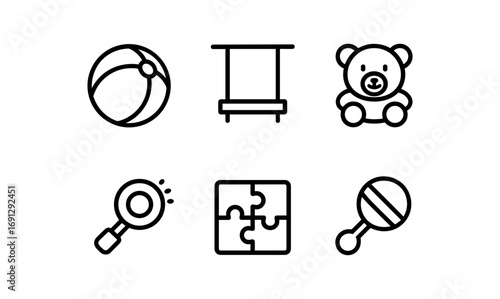 Minimalist kids toys icons set: beach ball, swing, teddy, magnifying glass, puzzle, rattle