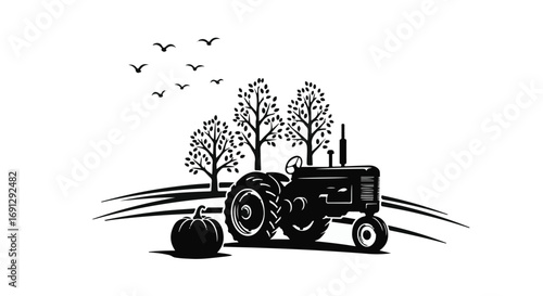 Vintage tractor stands ready in a peaceful autumn field with a pumpkin and migrating birds overhead.