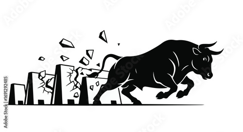 Powerful bull charging through obstacles, symbolizing strength and breaking barriers
