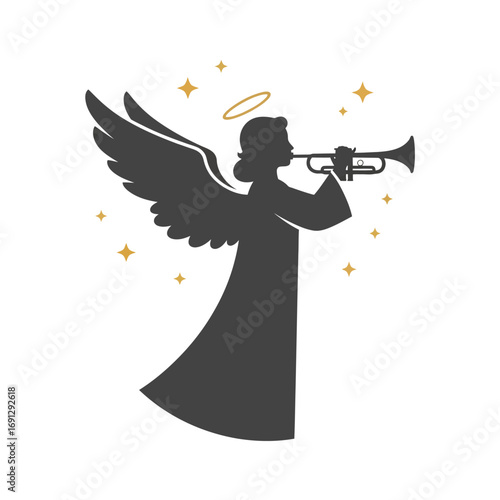 Silhouette of an Angel Playing a Trumpet with Wings and Halo