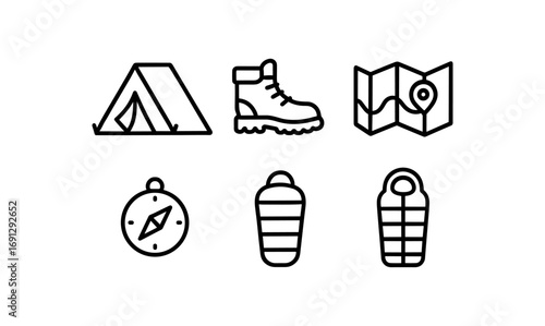 Camping essentials icons: tent, boots, map, compass, sleeping bag in linear style