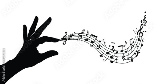 Silhouette of a hand creating a flowing wave of musical notes