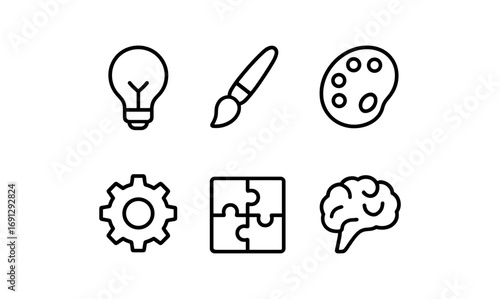 Creative concept icons: lightbulb, paint brush, palette, gear, puzzle, brain in linear design