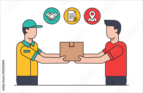 Delivery person handing package to customer with handshake and location icons illustration