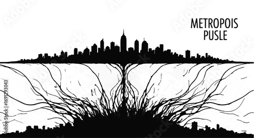 Abstract illustration of a city skyline with roots extending downwards like a dark, organic network