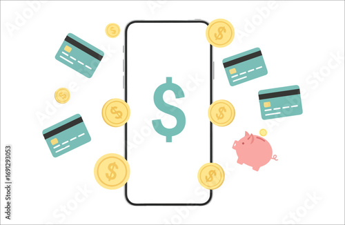 Smartphone with Dollar Sign and Floating Credit Cards, Coins, and Piggy Bank for Mobile Banking Keywords smartphone, mobile banking, finance, money, credit card, coin, dollar, piggy