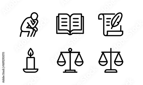Minimalist icons of balance, reflection, and knowledge in linear art
