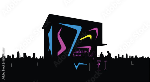 Vibrant modern kiosk with colorful abstract art against a city skyline at dusk