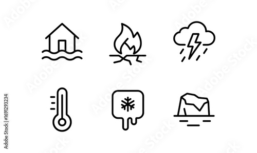 Minimalist climate emergency icons: flood, fire, storm, temperature, ice
