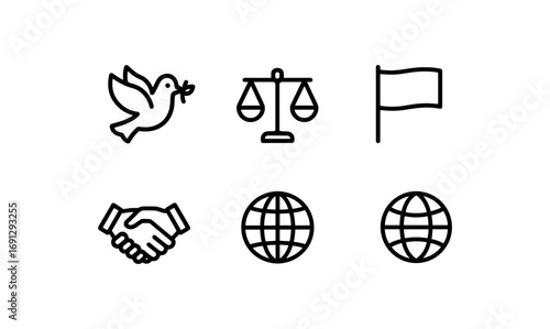 Peace and justice icons: dove, scales, flag, handshake, globe in minimalist design
