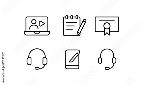 Online learning line icons set with laptop, headphones, notepad, book, and certificate