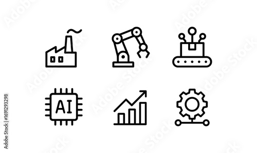 Linear industrial icons: factory, automation, ai, and technology