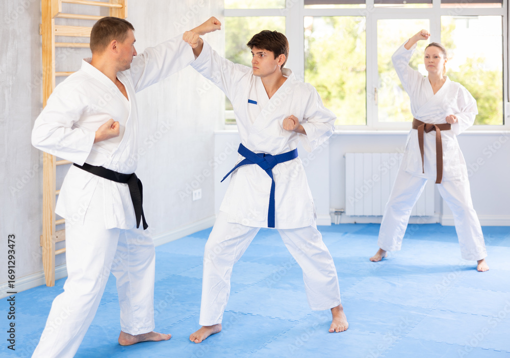 Naklejka premium Two men are trained to perform basic defensive karate installations and attacking actions for combat techniques classes. Coach comments and corrects mistakes of students