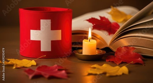 Swiss national holiday observance with a glowing candle, ancient book, and colorful autumn leaves, symbolizing federal day of prayer, reflection, and thanksgiving.