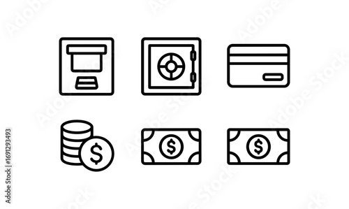 Minimalist banking icons set featuring atm, safe, and currency elements for financial design
