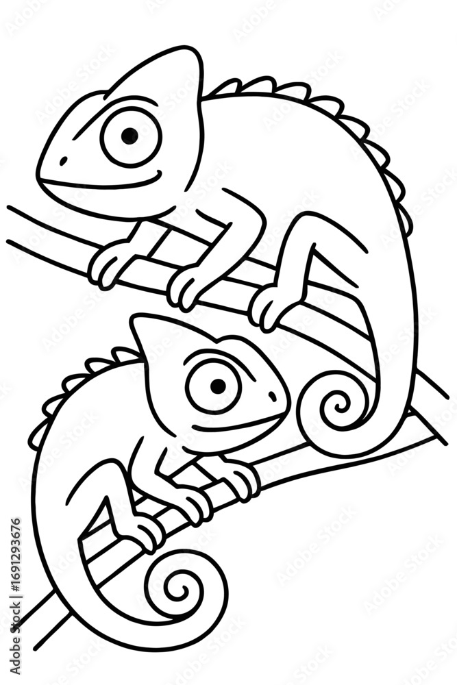 Obraz premium Delightful Chameleons Coloring Page: Two Charming Reptiles Perched on Branches, a Fun & Educational Line Art Illustration Perfect for Kids, Toddlers, and Adults Seeking Relaxation, Animal-Themed Art, 