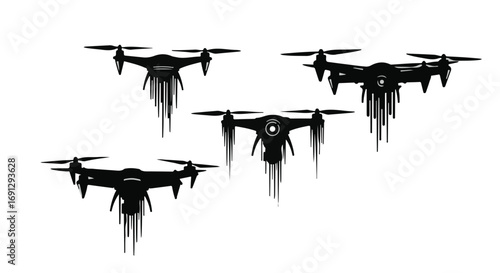 Four futuristic drones with a sleek, modern design soaring through the air.