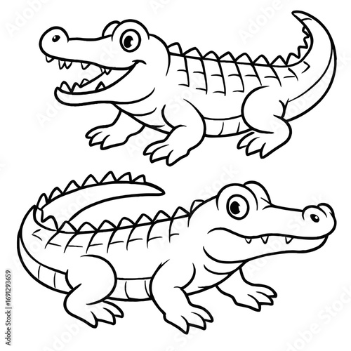 Two Adorable Cartoon Alligators & Crocodiles Line Art Coloring Page for Kids: Fun Printable Reptile Drawing Activity Sheet, Happy Swamp Creatures for Creative Learning & Easy Downloadable Black and Wh