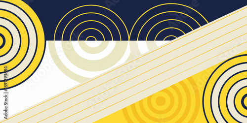 Abstract graphic design featuring concentric circles and diagonal lines in yellow and navy blue tones
