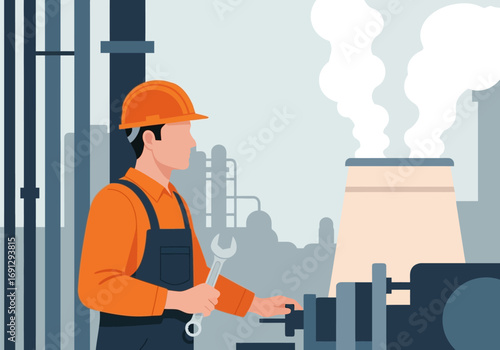 Industrial engineer in a hard hat and overalls performing maintenance on machinery with a factory in the background vector illustration