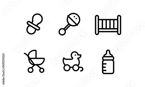 Baby essentials icons: minimalist set featuring pacifier, rattle, crib, stroller, duck, and bottle