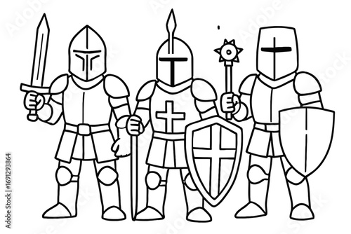 A captivating line art illustration depicting three valiant cartoon knights in full medieval armor, armed with a sword, spear, and mace, accompanied by protective shields, making it an ideal choice fo