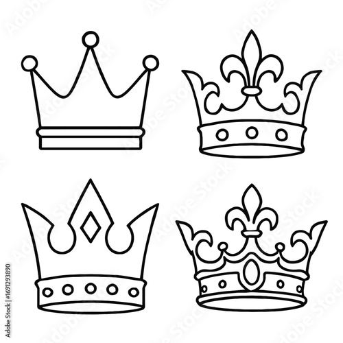 A regal collection of four distinct outline crown icons, featuring diverse styles from simple spikes to elaborate fleur-de-lis and jeweled designs. Perfect for conveying royalty, power, and majestic e