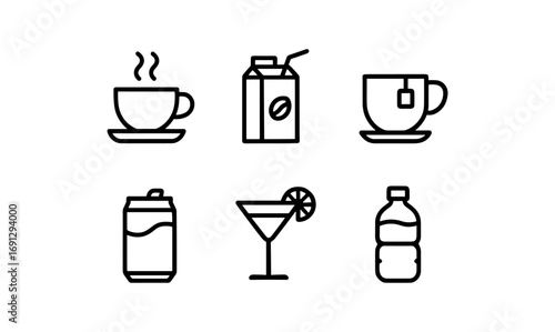 Minimalist outline icons of popular beverages in linear style