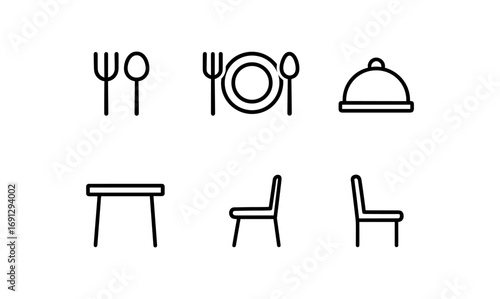 Minimalist dining icons featuring cutlery, dishes, and furniture in linear design