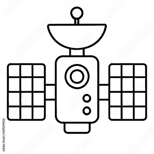 Detailed line art vector illustration of a modern space satellite with solar panels and parabolic antenna, perfect for technology, communication, and aerospace design projects, isolated on white backg