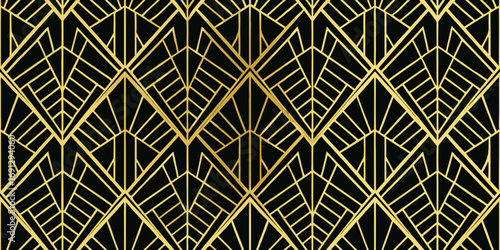 Geometric art deco pattern with gold lines and black background in a repeating design style pattern