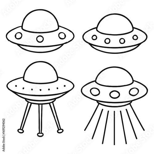 An enchanting collection of four distinct hand-drawn outline UFOs and classic flying saucers, perfect for space-themed projects, alien concepts, sci-fi illustrations, kids' crafts, and cosmic adventur