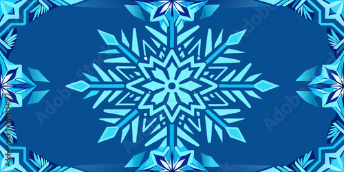 A symmetrical snowflake design with a blue background and decorative snowflake border elements around edges