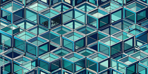 Abstract arrangement of interconnected teal and blue cubes forming a geometric pattern in a mosaic style