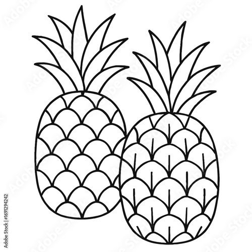 Two outline drawings of tropical pineapples, perfect for coloring pages. This clean illustration is ideal for kids' creative activities, educational resources, digital art, coloring books, and craft d