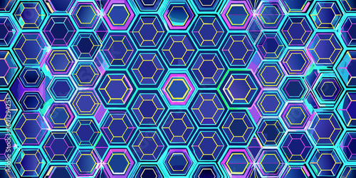 Geometric pattern of neon hexagons arranged in a honeycomb structure with varying colors and illumination