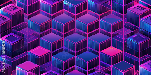 Isometric arrangement of blue and purple cubes with neon outlines creating a geometric pattern