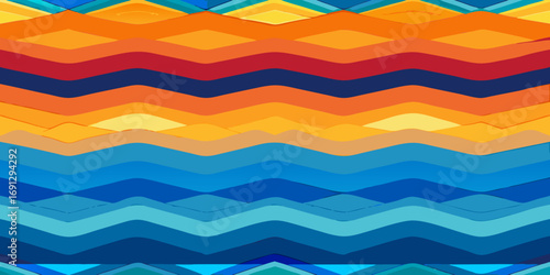Colorful wavy lines pattern with shades of blue orange red and yellow in a symmetrical arrangement