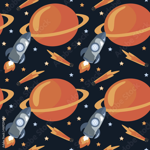 Dark seamless pattern with rockets, planets, and stars, cosmic vector design.
