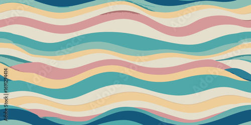 Abstract waves of pastel colors ranging from pink to blue and beige flowing in a seamless pattern design