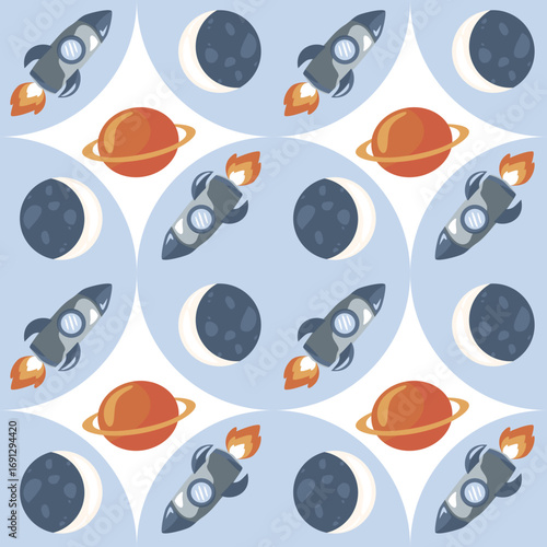 Seamless pattern with rockets, planets, and moons, space themed vector illustration.