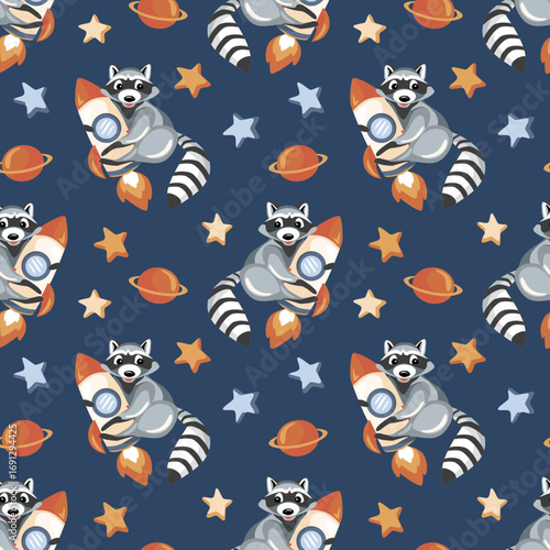 Seamless pattern with raccoon and rocket in space, cartoon vector background.